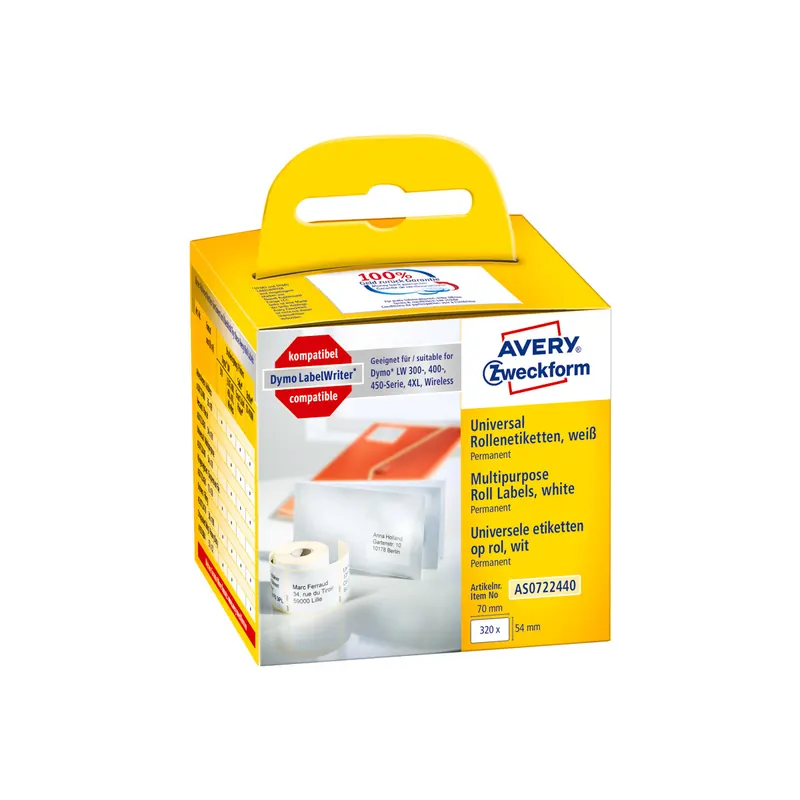 Etikettendrucker Rollenetikett Avery Zweckform AS0722440 - auf Rolle Vielzweck-Etikett 54 x 70 mm weiß permanent ersetzt Dymo 99015 FSC-Thermopapier für Thermodrucker Pckg/320