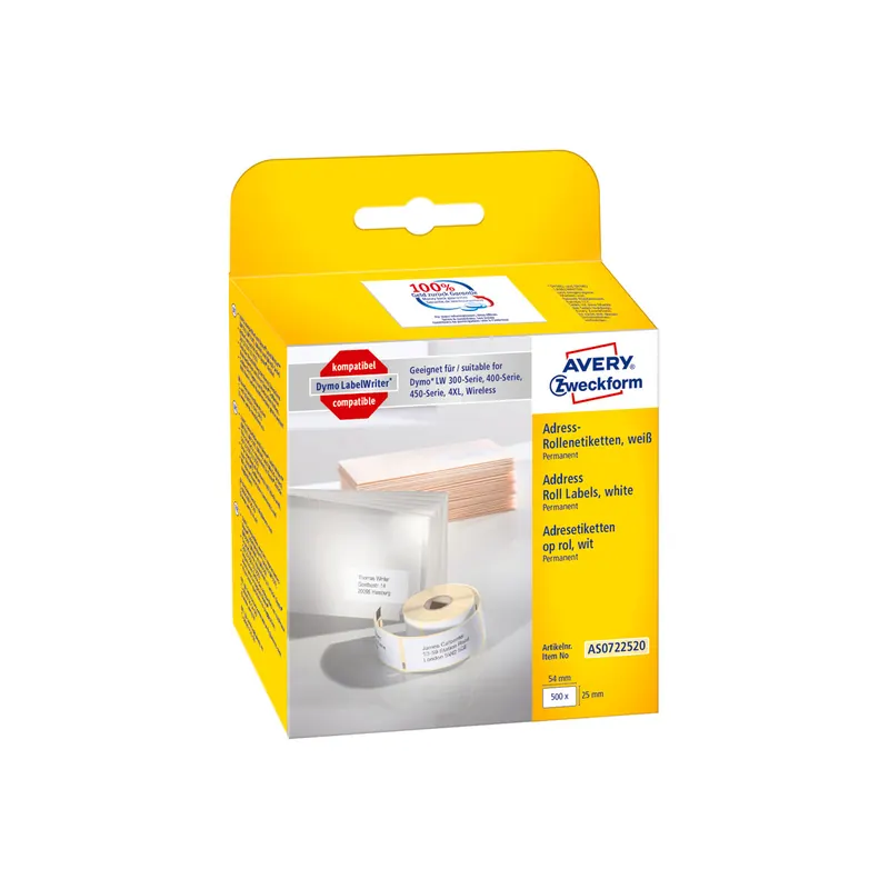 Etikettendrucker Rollenetikett Avery Zweckform AS0722520 - auf Rolle Adress-Etikett 25 x 54 mm weiß permanent ersetzt Dymo 11352 FSC-Thermopapier für Thermodrucker Pckg/500