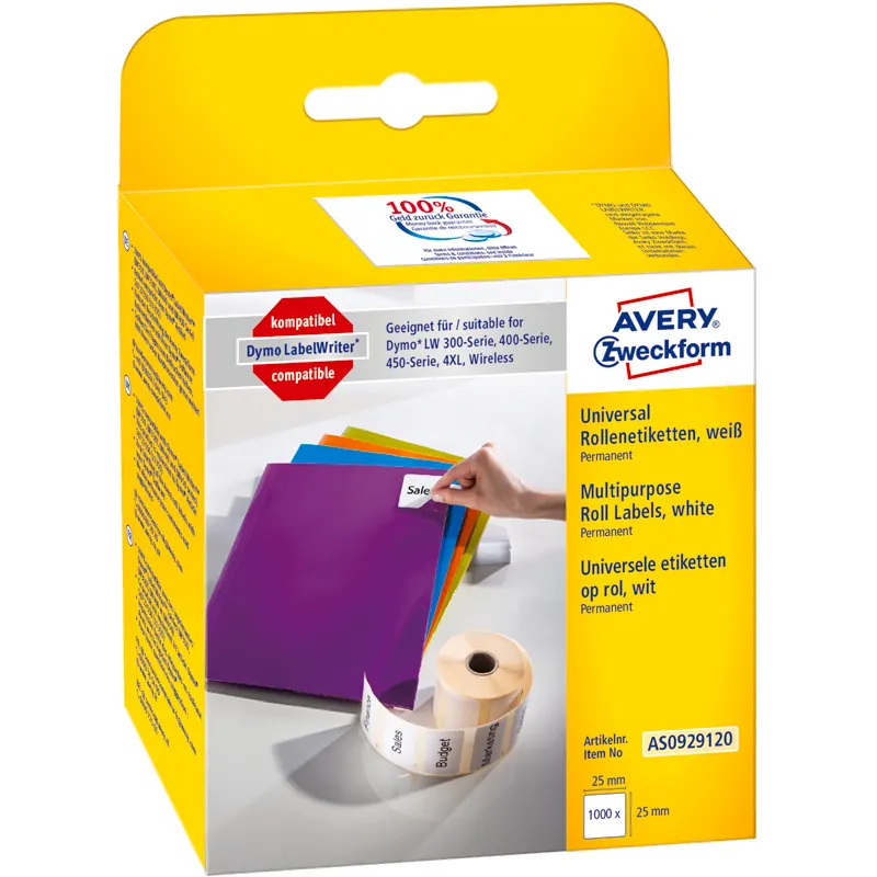 Etikettendrucker Rollenetikett Avery Zweckform AS0929120 - auf Rolle Quadrat-Etikett 25 x 25 mm weiß permanent ersetzt Dymo S0929120 FSC-Thermopapier für Thermodrucker Pckg/1000