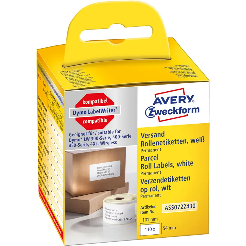 Etikettendrucker Rollenetikett Avery Zweckform ASS0722430 - auf Rolle Versand-Etikett 54 x 101 mm weiß permanent ersetzt Dymo 99014 Thermopapier für Thermodrucker Pckg/110