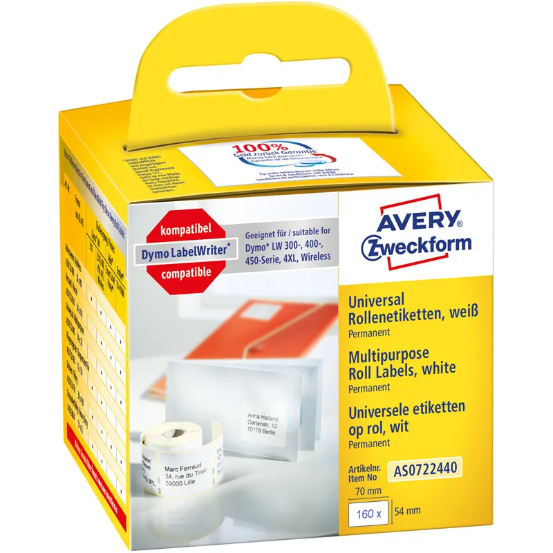Etikettendrucker Rollenetikett Avery Zweckform ASS0722440 - auf Rolle Vielzweck-Etikett 54 x 70 mm weiß permanent ersetzt Dymo 99015 FSC-Thermopapier für Thermodrucker Pckg/160