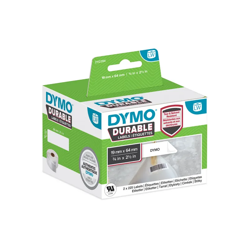 Etikettendrucker Rollenetikett Dymo 2112284 - auf Rolle Hochleistungs-Etikett 19 x 64 mm weiß permanent Polypropylen für Thermodrucker Karton/2x450