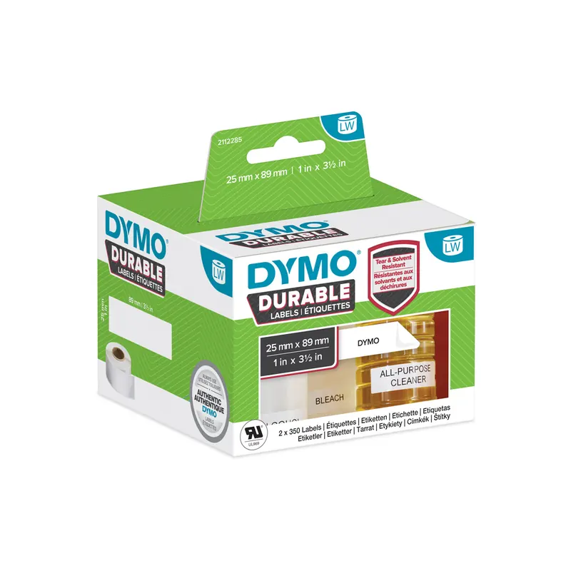 Etikettendrucker Rollenetikett Dymo 2112285 - auf Rolle Hochleistungs-Etikett 25 x 89 mm weiß permanent Polypropylen für Thermodrucker Karton/2x350