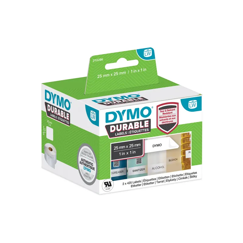 Etikettendrucker Rollenetikett Dymo 2112286 - auf Rolle Hochleistungs-Etikett 25 x 25 mm weiß permanent Polypropylen für Thermodrucker Karton/2x850