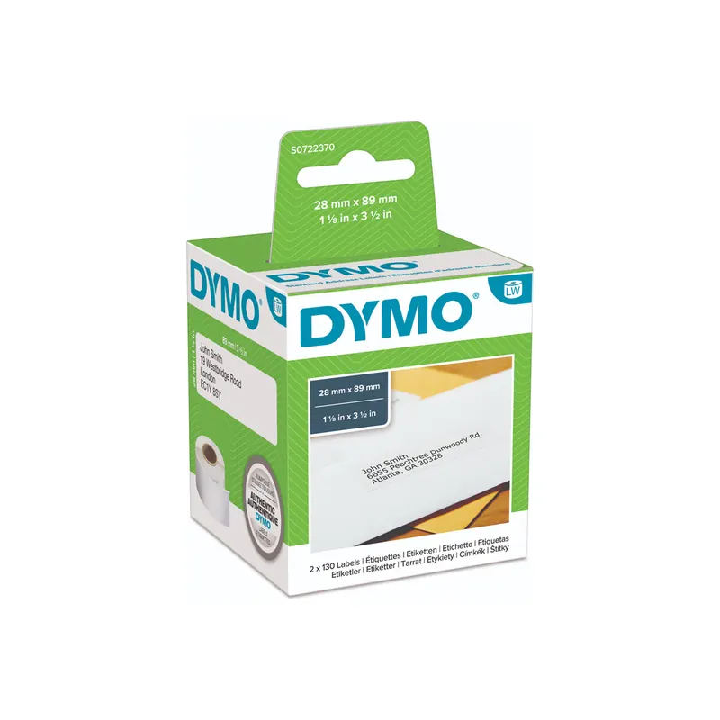Etikettendrucker Rollenetikett Dymo 99010 - auf Rolle Adress-Etikett 28 x 89 mm weiß permanent Thermopapier für Thermodrucker Karton/2x130