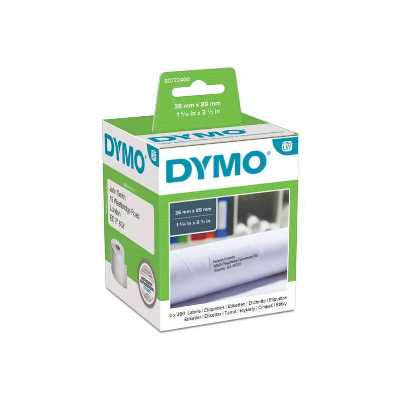 Etikettendrucker Rollenetikett Dymo 99012 - auf Rolle Adress-Etikett 36 x 89 mm weiß permanent Thermopapier für Thermodrucker Karton/2x260