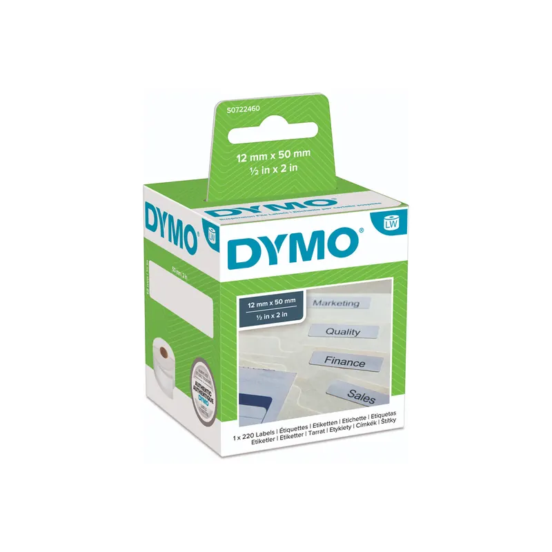 Etikettendrucker Rollenetikett Dymo 99017 - auf Rolle Hängeablage-Etikett 12 x 50 mm weiß permanent Thermopapier für Thermodrucker Pckg/220