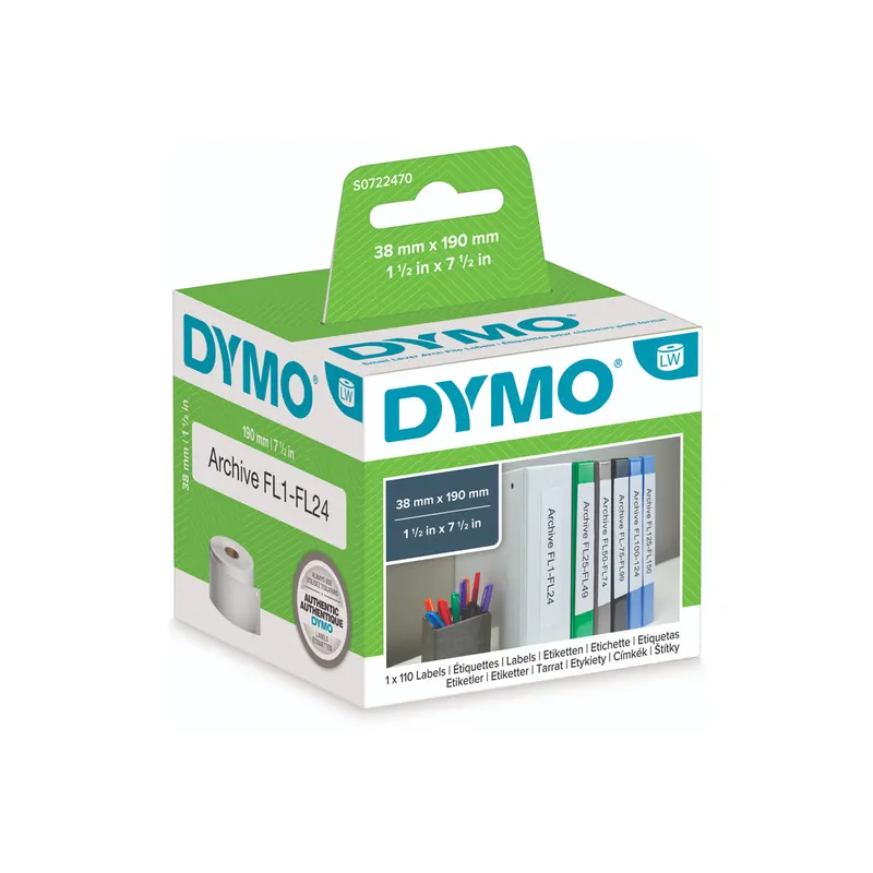 Etikettendrucker Rollenetikett Dymo 99018 - auf Rolle Ordner-Etikett 38 x 190 mm weiß permanent Thermopapier für Thermodrucker Pckg/110