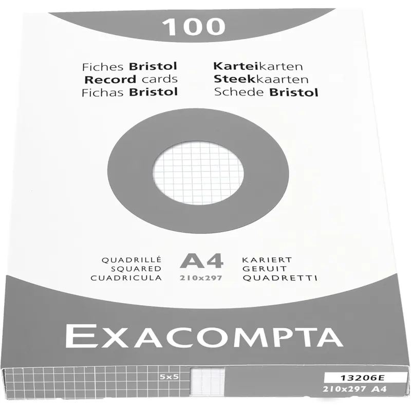 Exacompta 13206E Packung (mit 100 Karteikarten, ungelocht, DIN A4, 21 x 29,7 cm, 205 g, kariert, ideal für die Schule) 1er Pack weiß