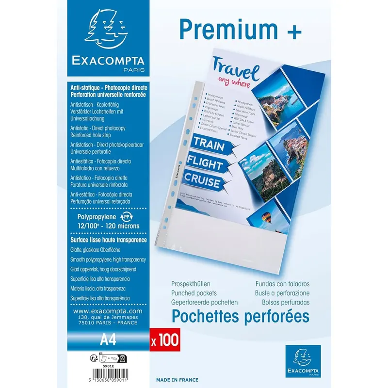 Exacompta - Ref. 5901E – Beutel mit 100 perforierten Hüllen PP glatt – Dicke 12/100 extra dick, hohe Qualität – Universal-Lochung mit 11 Löchern – Format zum Klassifizieren von A4 – farblos