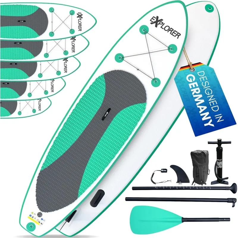 EXPLORER 23300 Wave SUP Stand Up Paddling Board Kinder bis Erwachsene mehrere Größen Mint 244cm-335cm bis 160kg Set mit Paddel, Rucksack, Pumpe, Finne und Flickenset