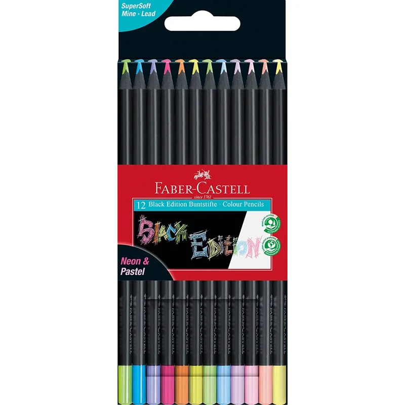 Faber-Castell 116410 - Buntstifte Black Edition, Neon + Pastell Farben, 12er Etui