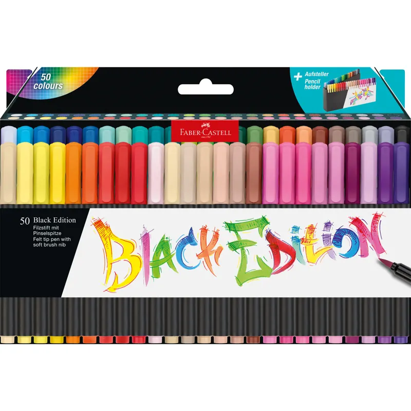 Faber-Castell 116454 - Filzstifte 50 Stück mit Pinselspitze, leuchtende Farben und weiche Pinselspitze. Black Edition Kartonetui