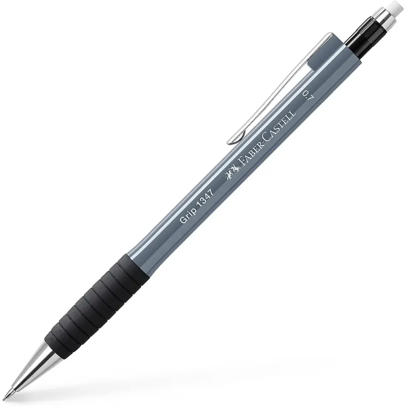 Faber-Castell 134789 - Druckbleistift GRIP 1347 stone grey, Härtegrad B, Minenstärke 0.7 mm, mit integriertem Radiergummi, 1 Stück