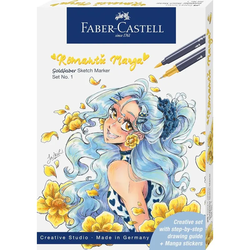 Faber-Castell 164701 - Goldfaber Sketch Marker Set 13-teilig, inkl. Alkoholmarker, Pitt Artist Pen und Anleitung, Romantic Manga Collection Set No. 1