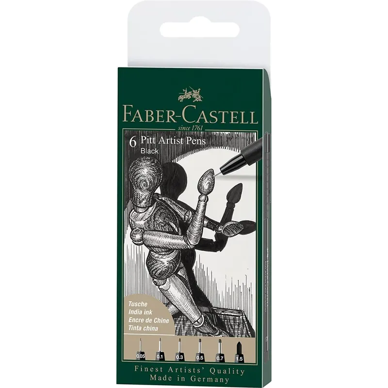 Faber-Castell 167154 - Tuschestift Pitt Artist Pen, Farbe 199, schwarz, XXS, XS, S, F, M, 1.5, 6er Etui