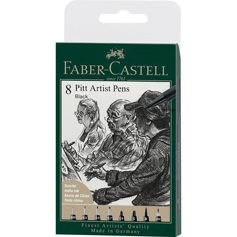 Faber-Castell 167158 - Tuschestift Pitt Artist Pen, Farbe 199, schwarz, XXS, S, F, M, B, C, 1.5, Fude hard, 8er Etui