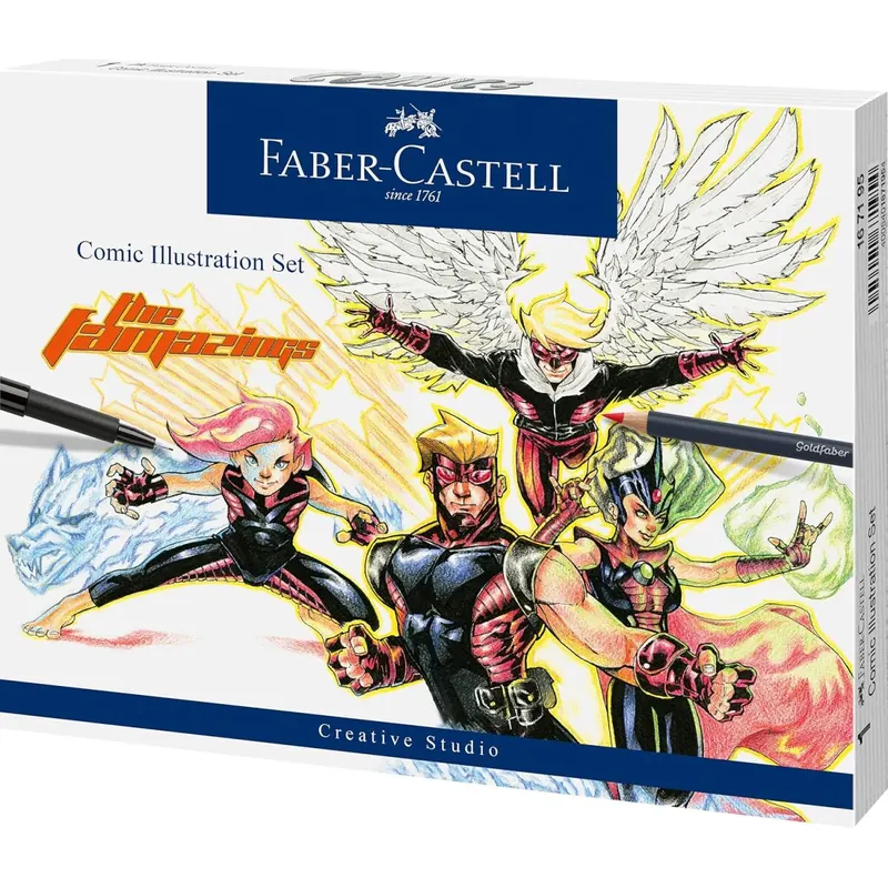 FABER-CASTELL 167195 - Pitt Artist Pen Comic Illustration Set, 3 Tuschestifte, 3 Aquarellfarbstifte und Zubehör, 15 teilig