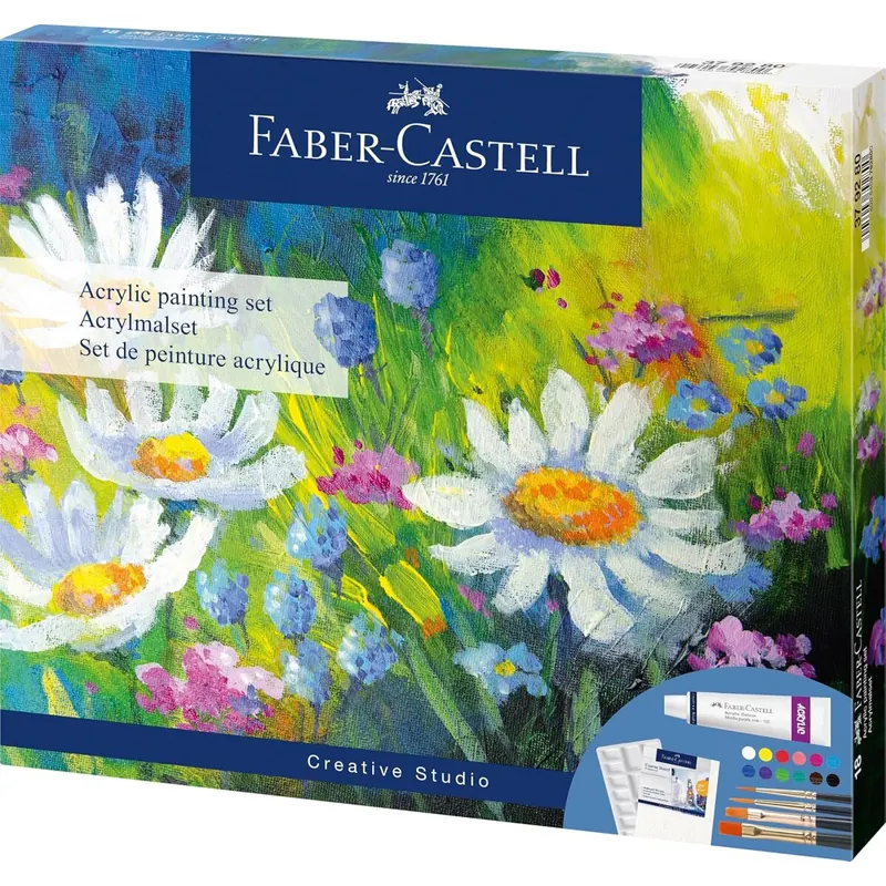 Faber-Castell 379280 - Acrylfarben Set 18-teilig, mit 12 Acrylfarben, Leinwand 20 x 25 cm, Mischpalette und 4 Pinsel