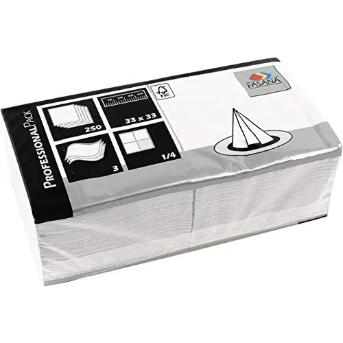 FASANA Serviette, Zelltuch, 3lagig, 1/4 Falz, 33 x 33 cm, weiß (250 Stück), Sie erhalten 1 Packung á 250 Stück