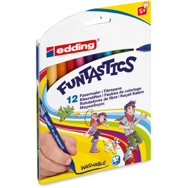 Fasermaler edding Funtastics 15 - farbig sortiert 1 mm Rundspitze Tinte auf Wasserbasis rutschfeste Griffzone 12er-Set
