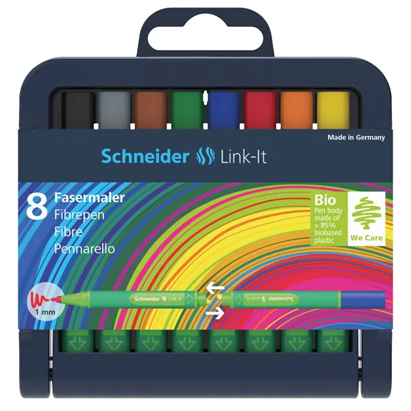 Fasermaler Schneider Link-It 1920 - farbig sortiert 1 mm Faserspitze Tinte auf Wasserbasis gummierter Dreikantschaft 8er-Set