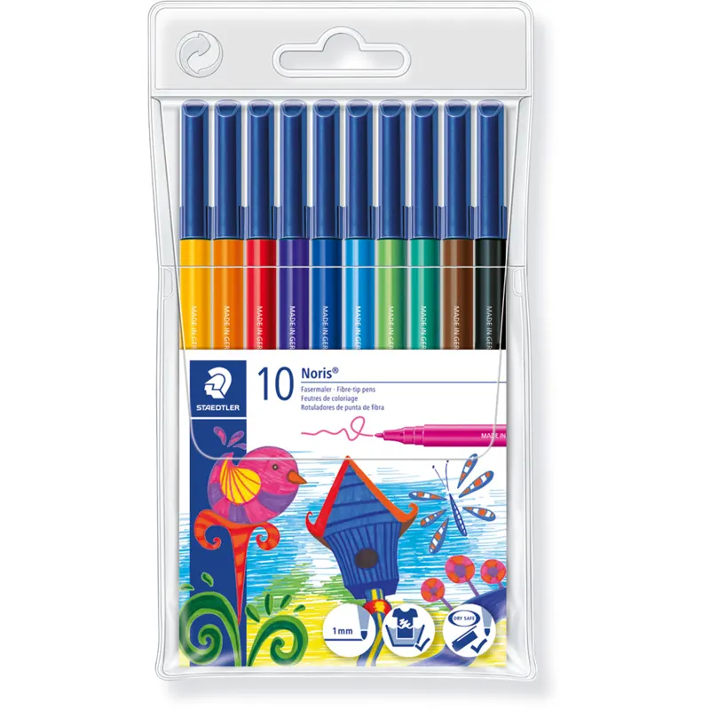 Fasermaler Staedtler Noris Club 326 - farbig sortiert 1 mm stabile Spitze Tinte auf Wasserbasis mit Lebensmittelfarbstoffen Kunststoffschaft 10er-Set