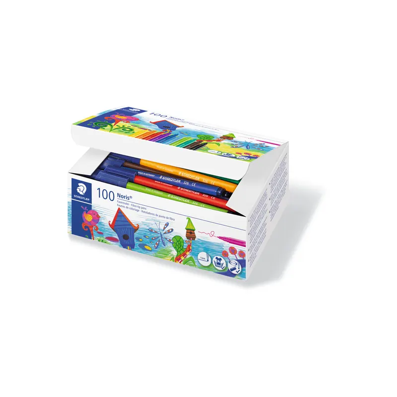 Fasermaler Staedtler Noris Club 326 - farbig sortiert 1 mm stabile Spitze Tinte auf Wasserbasis mit Lebensmittelfarbstoffen Kunststoffschaft 100er-Set