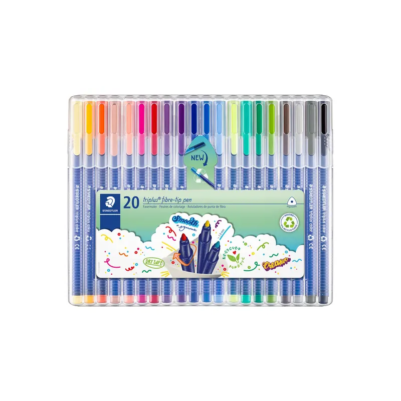 Fasermaler Staedtler triplus color 323 - farbig sortiert 1 mm Rundspitze aus recyceltem Kunststoff Tinte auf Wasserbasis ergonomischer Dreikantschaft 20er-Set