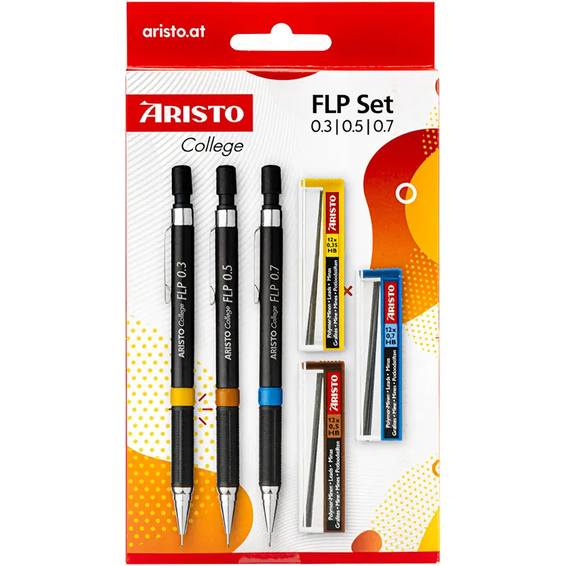 Feinminenstift Aristo College AR23559 - Linienbreiten-Farbcode 0,30 / 0,50 / 0,70 mm HB inkl. Ersatzminen integrierter Radiergummi ergonomisch gerillte Griffzone 3er-Set