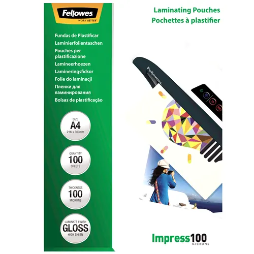 Fellowes Laminierfolien A4, 100 Mikron (2 x 100 mic), glänzend, 100 Stück
