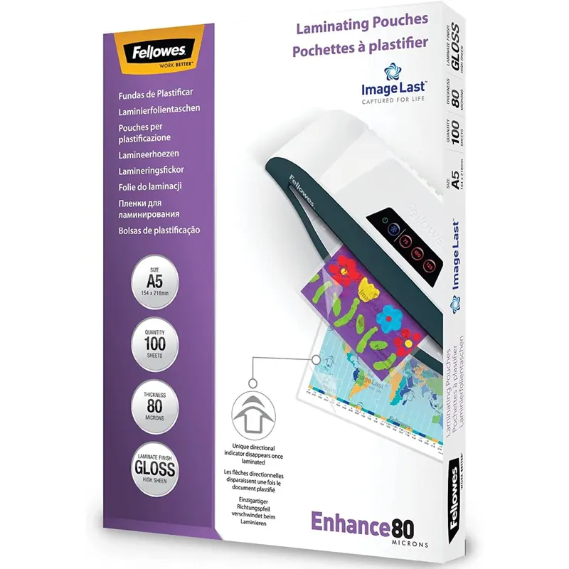 Fellowes Laminierfolien A5 ImageLast, 80 Mikron (2 x 80 Mikron), 100 Stück, transparent mit Ausrichtungshilfe. Ideal für Fotos und Informationshinweise mit optimalem Kontrast