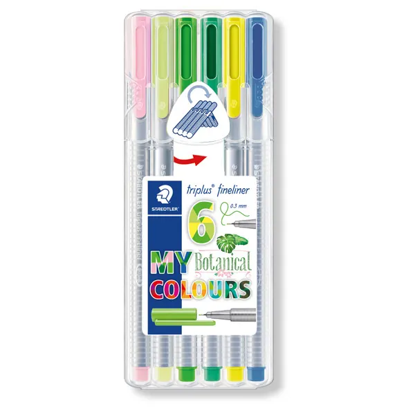 Fineliner Staedtler triplus 334 - farbig sortiert botanical 0,3 mm in Aufstellbox ergonomischer Dreikantschaft 6er-Set