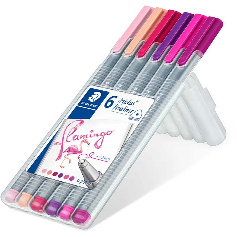 Fineliner Staedtler triplus 334 - farbig sortiert flamingo 0,3 mm in Aufstellbox ergonomischer Dreikantschaft 6er-Set