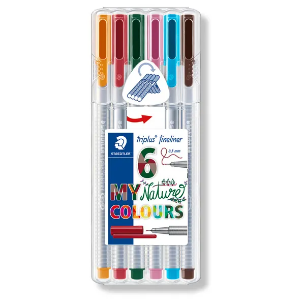 Fineliner Staedtler triplus 334 - farbig sortiert natur 0,3 mm in Aufstellbox ergonomischer Dreikantschaft 6er-Set