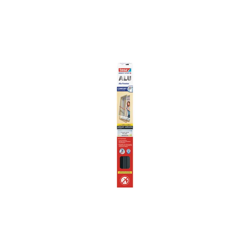 Fliegengitter Fenster tesa Insect Stop Alu Comfort 55195 - 120 x 150 cm anthrazit Easy-Fit-Eckverbinder mit Aluminium-Rahmen Clear-View-Gewebe