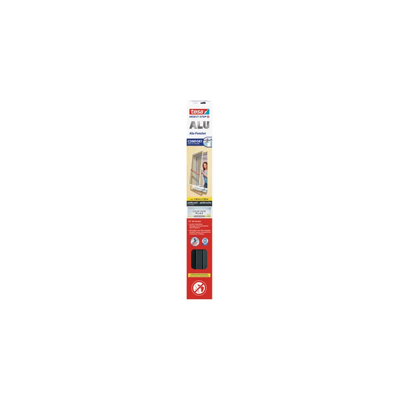 Fliegengitter Fenster tesa Insect Stop Alu Comfort 55196 - 140 x 150 cm anthrazit Easy-Fit-Eckverbinder mit Aluminium-Rahmen Clear-View-Gewebe