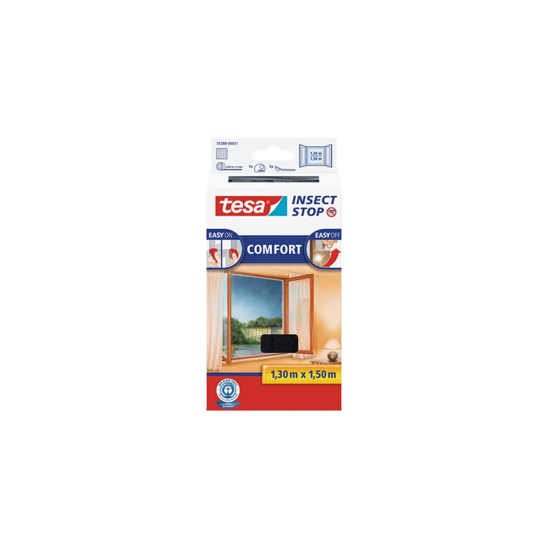 Fliegengitter Fenster tesa Insect Stop Comfort 55388 - 130 x 150 cm anthrazit Easy-on-System inkl. Andrück- und Schneidehilfe