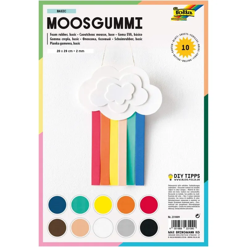 folia 231009 - Moosgummi, 2 mm, ca. 20 x 29 cm, 10 Bögen, sortiert in 10 Farben - ideal für vielseitige Bastelarbeiten