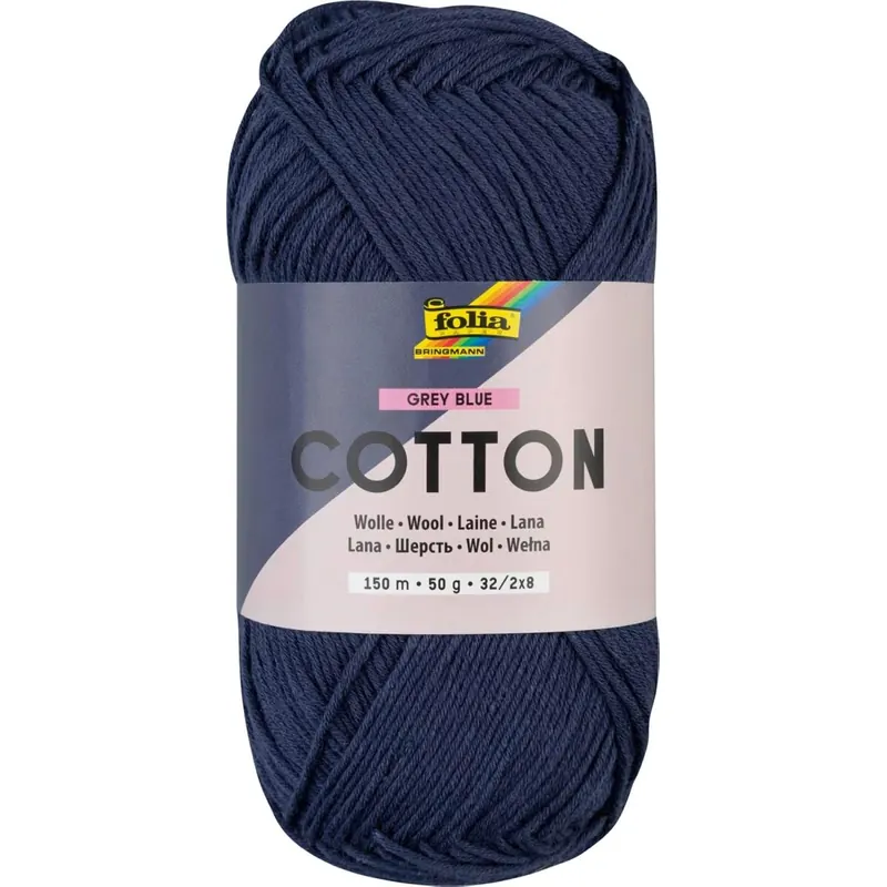 folia 25982 - Cotton GREY BLUE, 50 g | Wolle zum Häkeln und Stricken, ca. 150 m, Strickgarn aus 100 % Baumwolle, 32 / 2 x 8, Nadelstärke 2 - 3 mm