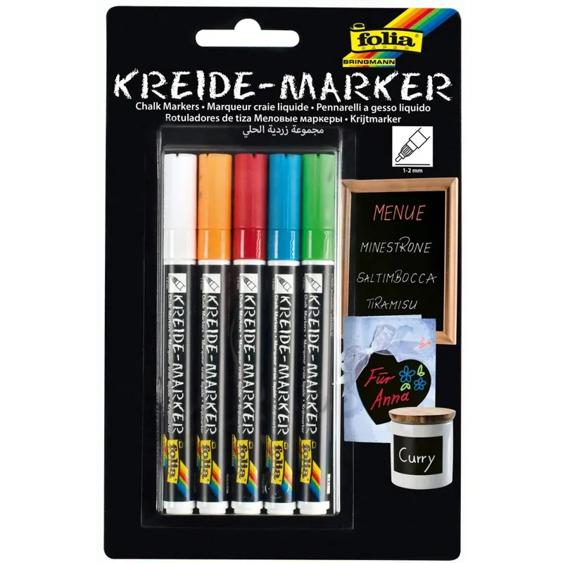 folia 390509 - Kreidemarker 5er Set, 5 Farben sortiert, Strichstärke ca. 1 - 2 mm, deckende Flüssigkreide auf Wasserbasis