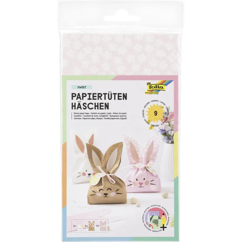 folia 41292 - Papiertüten Häschen, Bastelset für 3 einzigartige Papierhasen, je 9 Tüten in Weiß, Braun und Rosa, inkl. Kordel