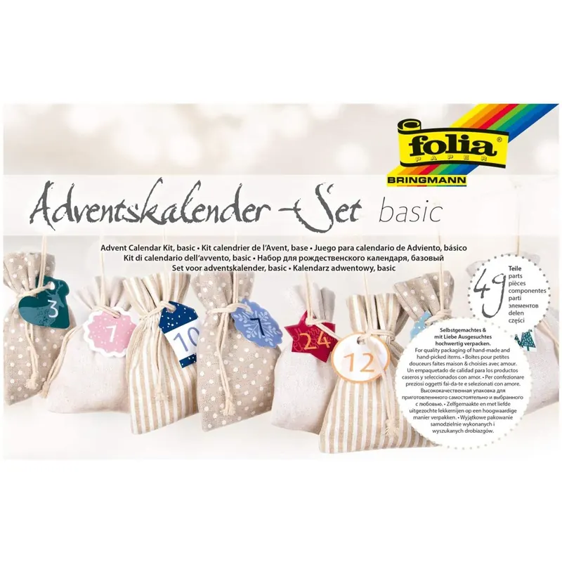 folia 64121 Adventskalender Set, Basic mit Motivdruck, ca. 10 x 13 cm, 24 naturfarbene Stoffbeutel, aus Baumwolle und Polyester, inklusive Anhänger und Garn, natur