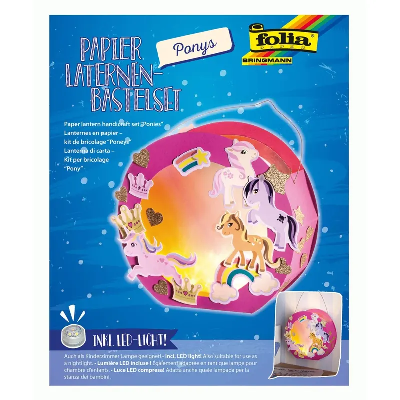 folia 68106 - Laternen-Bastelset, Ponys, inklusive Laternenstab und LED Licht, bunt