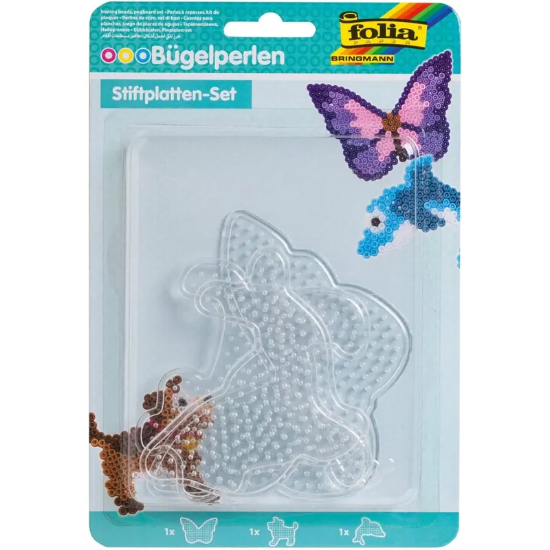 folia 73212 - Bügelperlen Stiftplatten Set Tierwelt, 3 transparente Steckplatten für Bügelperlen mit einem Durchmesser von 5 mm, Delfin, Hund und Schmetterling