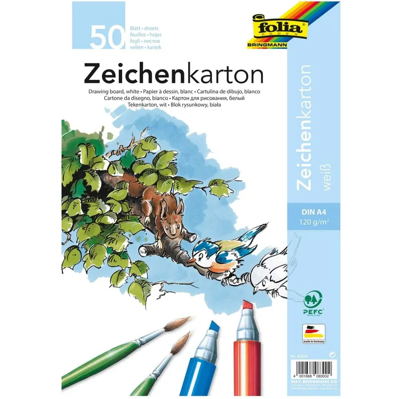 folia 8300 - Zeichenkarton, 120 g/m², DIN A4, 50 Blatt, weiß - Zeichenpapier für vielfältige kreative Ideen
