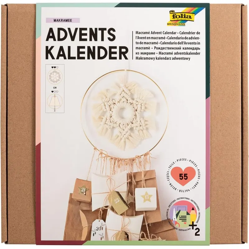 folia 9386 - Adventskalender-Set "Makramee", 55-teiliges DIY Bastel-Set zur Gestaltung eines individuellen Adventskalenders mit trendigem Makramee-Element