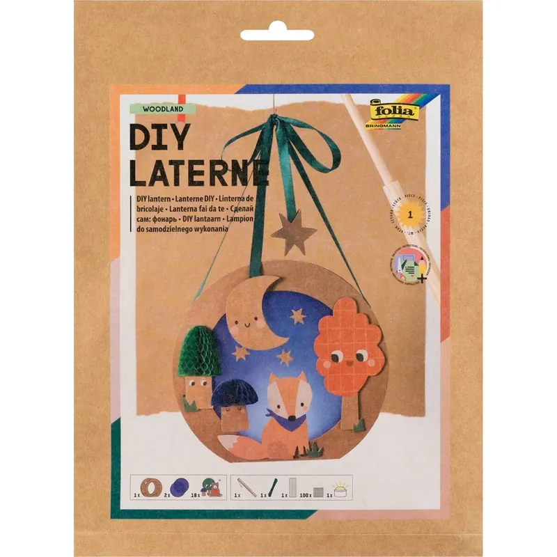 folia 94402 - DIY Laterne WOODLAND, ca. 19 x 17,5 x 6 cm - Laternen Bastelset gestaltbar als Bär oder Fuchs im Wald bei Nacht, inkl. LED Licht, 2 Batterien und Klebepad