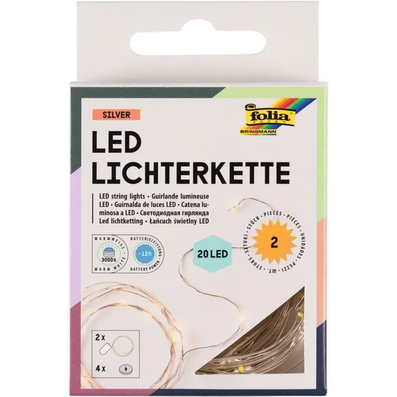 folia 986 - 2x Micro-LED Lichterkette mit je 20 LEDs in Warmweiß, ca. 2,20 m lange LED Beleuchtung aus Silberdraht, inkl. 4 Batterien