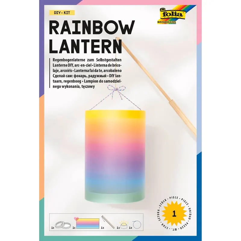 folia 996-1 - Rainbow Lantern DIY-KIT, ca. Ø 15 cm x 22 cm - Laternen Bastelset für eine Laterne in Regenbogenfarben, inkl. LED Licht, 2 Batterien und Klebepad